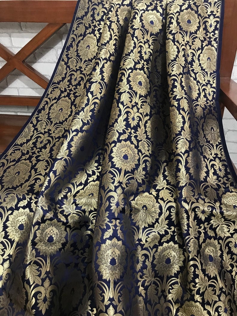 Indian Banarasi Brocade fabric in Navy Blue and Gold color, Multiple lengths will come in a continuous piece - NF112