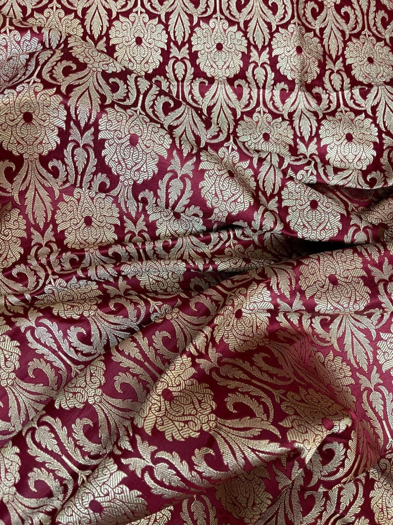 Indian Banarasi Brocade Fabric in Red and Gold color, Multiple lengths will come in the continuous piece - NF351