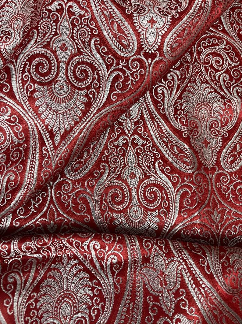 Indian Banarasi Brocade Fabric in Red and Silver color, Multiple lengths will come in the continuous piece - NF399