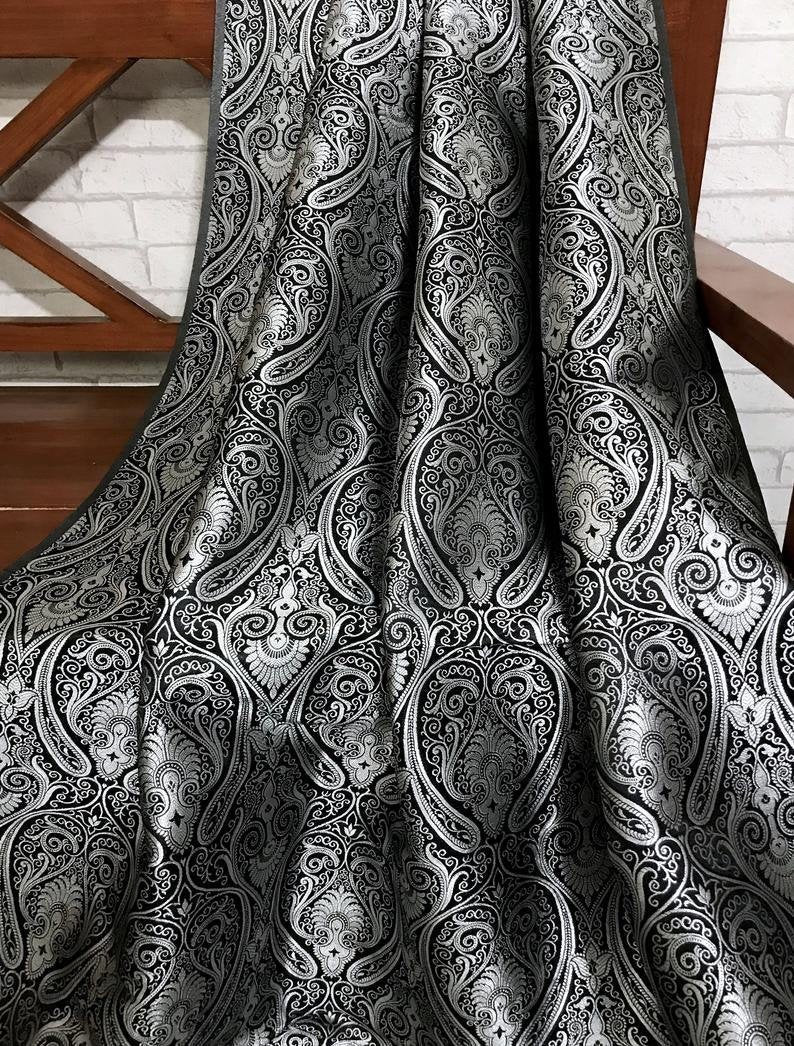 Indian Brocade Fabric Black Silver Jacquard fabric Luxury Apparel Fabric Wedding Dress fabric Craft Fabric by the yard/meter - NFAF103