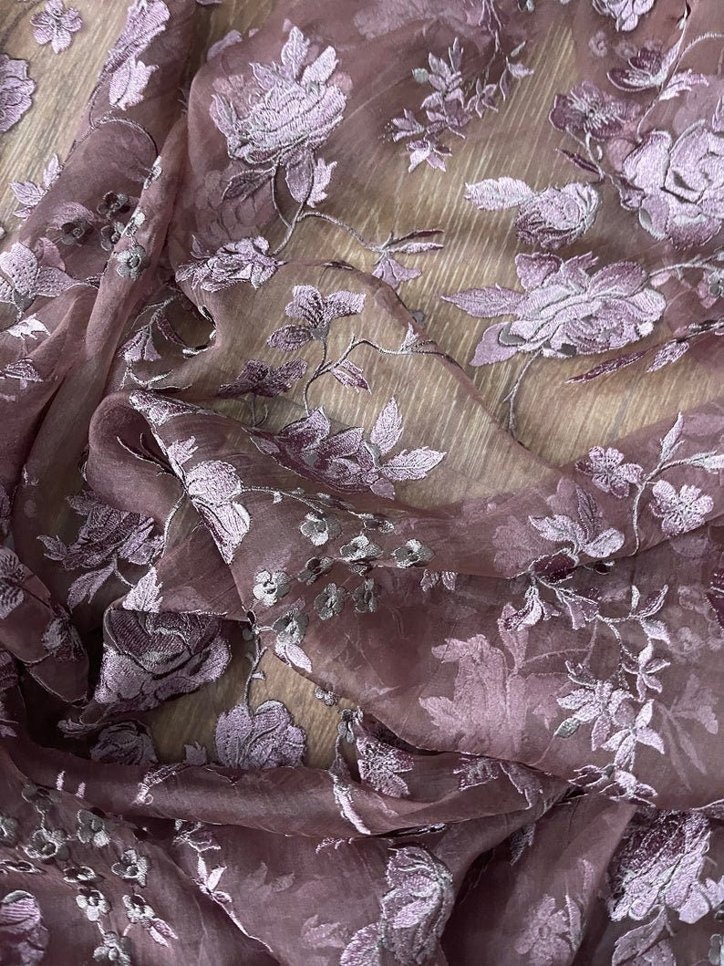 Indian Sheer Floral Embroidered Silk Organza Fabric, Multiple lengths will come in the continuous piece - NF394