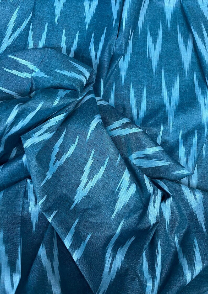 Indian Pure Cotton Ikat weave fabric in Blue Color, Multiple lengths will come in the continuous piece - COTF03