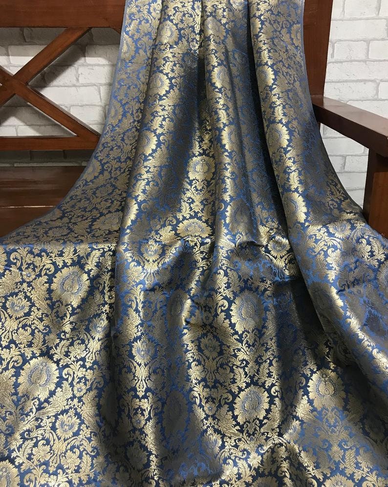 Indian Banarasi Brocade Fabric in Gray & Gold color,  Multiple lengths will come in a continuous piece - NF195