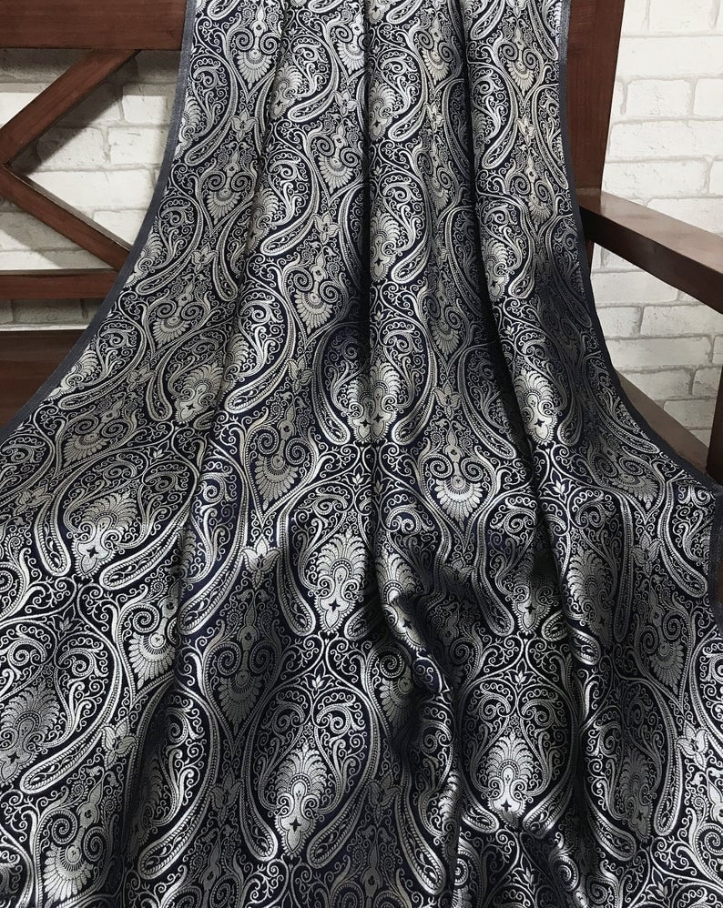 Indian Banarasi Brocade Fabric in Navy Blue and Silver color, Multiple lengths will come in the continuous Piece - NF201