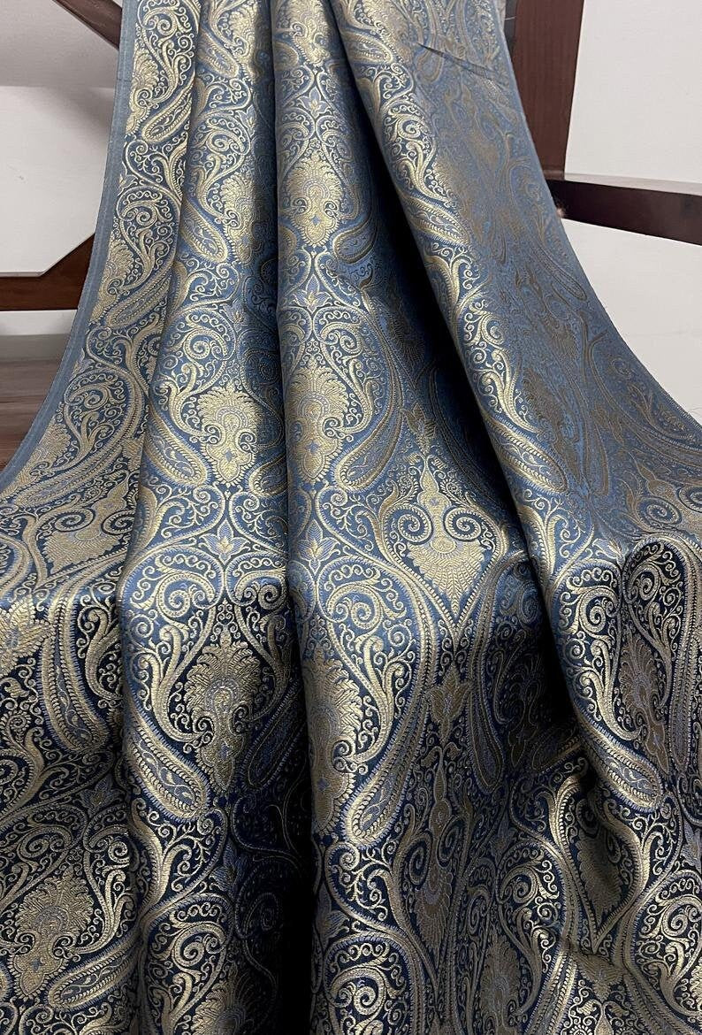 Indian Brocade Fabric, Gray and Gold Fabric, Wedding Dress Fabric, Multiple lengths will come in the continuous piece - NF180