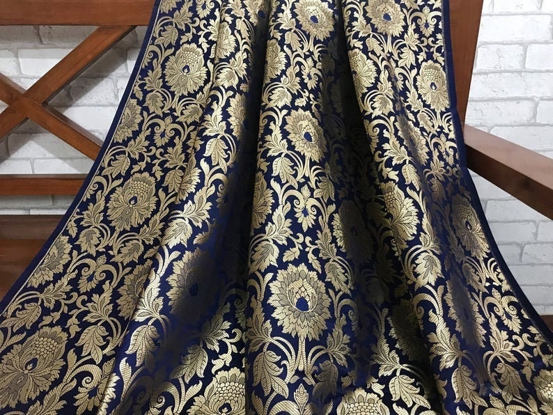 Indian Banarasi Brocade fabric in Navy Blue and Gold color, Multiple lengths will come in a continuous piece - NF112