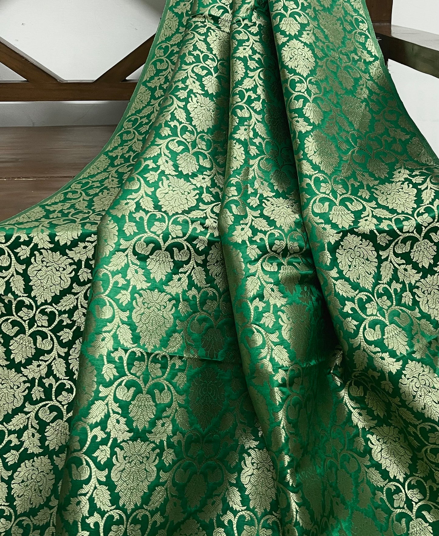 Indian Banarasi Brocade Fabric in Green and Gold color,   Multiple lengths will come in a continuous piece - NF448