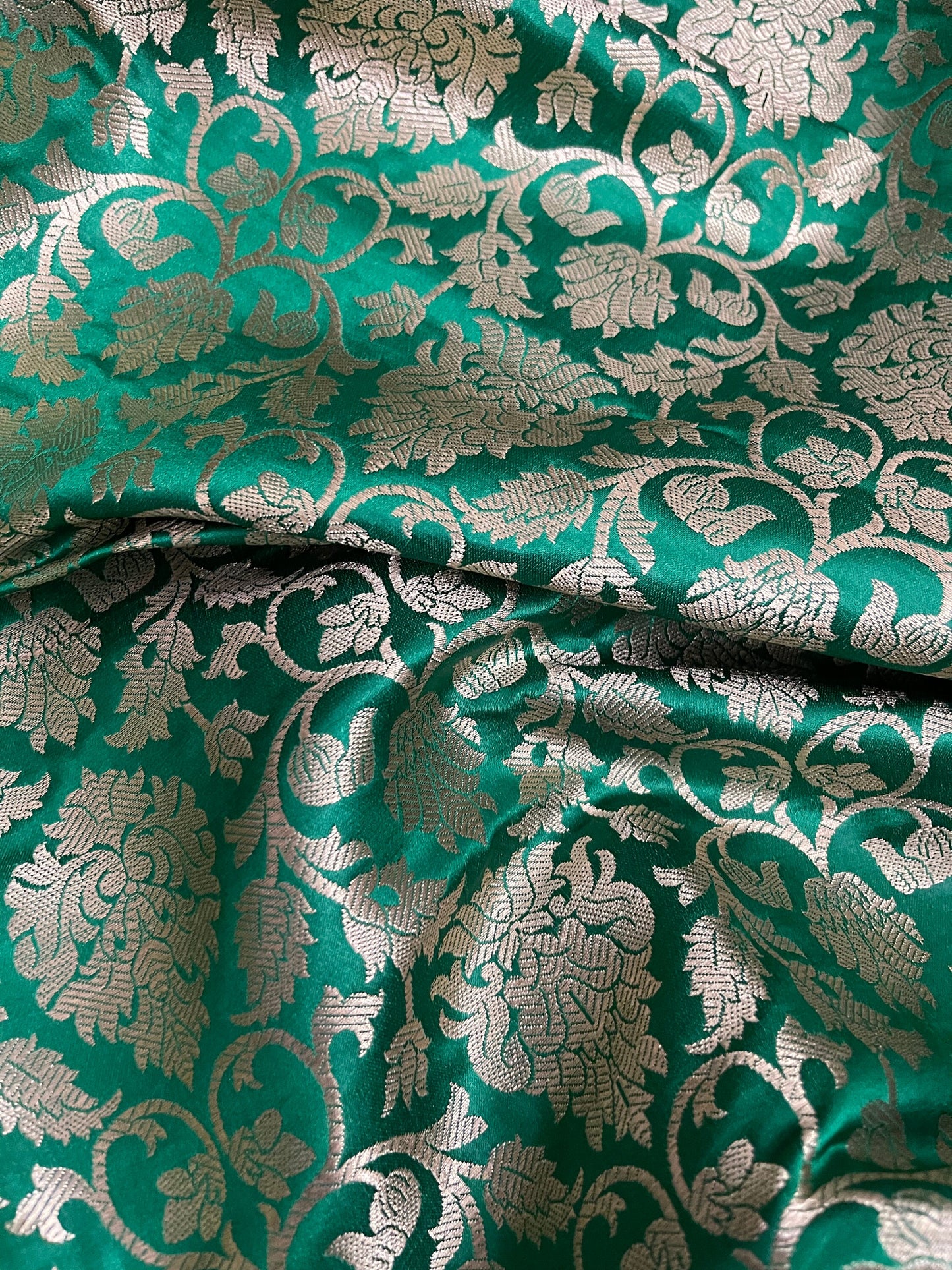 Indian Banarasi Brocade Fabric in Green and Gold color,   Multiple lengths will come in a continuous piece - NF448