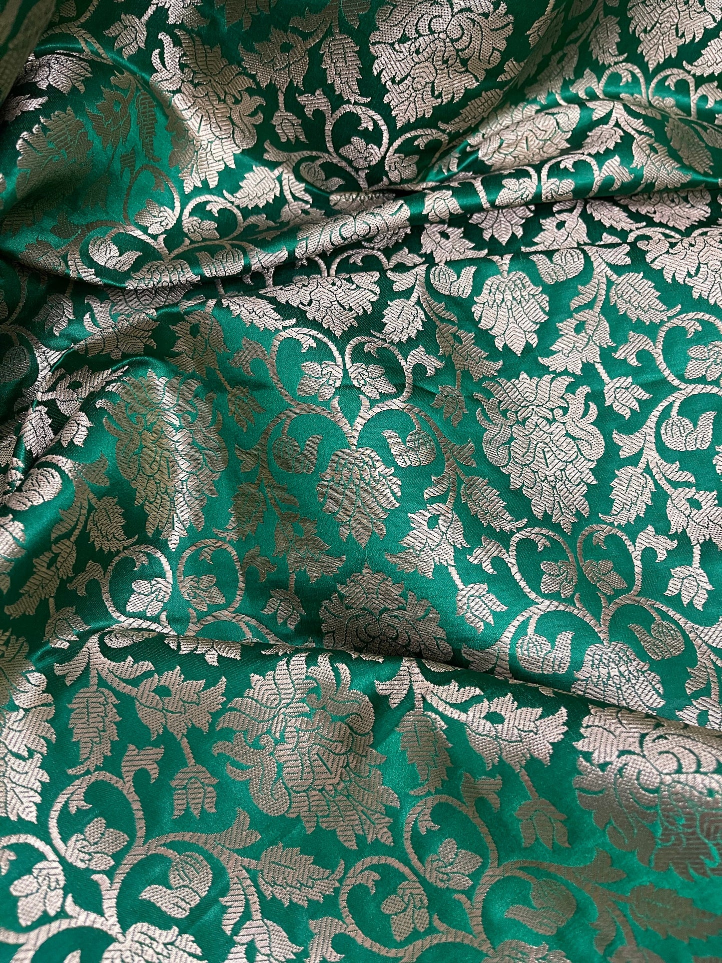 Indian Banarasi Brocade Fabric in Green and Gold color,   Multiple lengths will come in a continuous piece - NF448