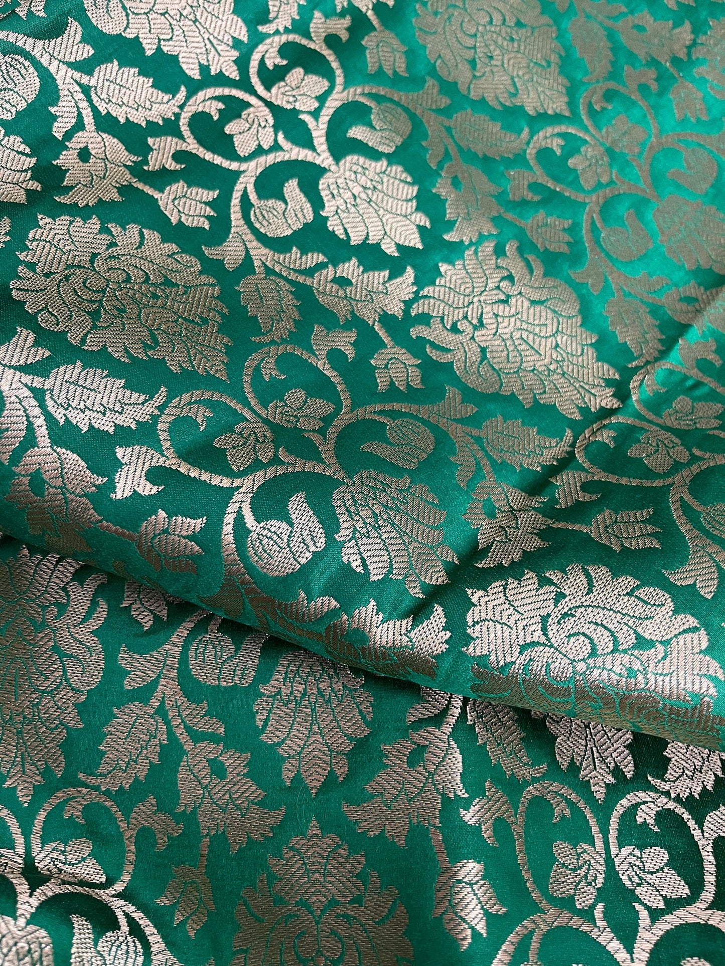 Indian Banarasi Brocade Fabric in Green and Gold color,   Multiple lengths will come in a continuous piece - NF448