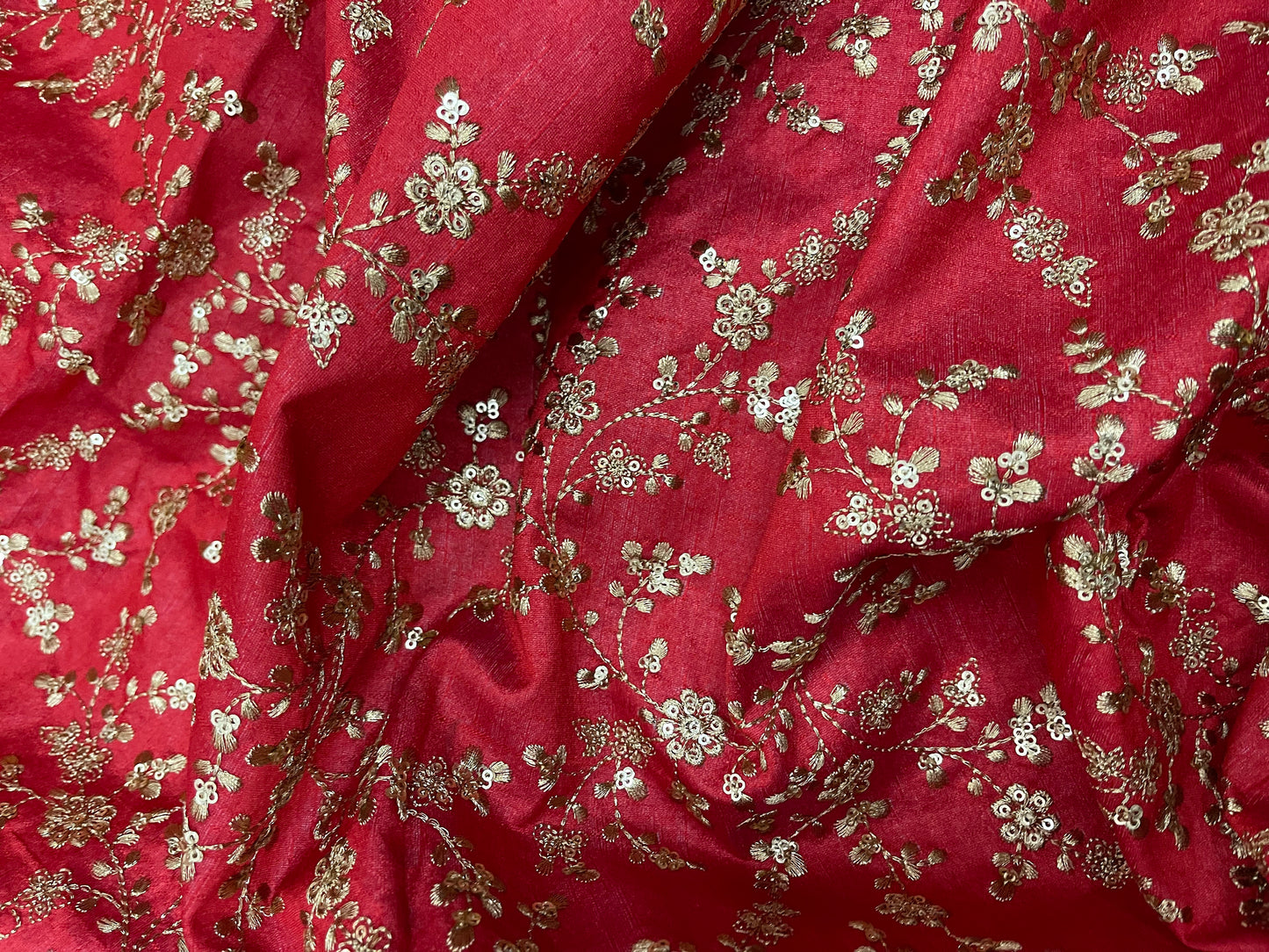 Indian Embroidered Fabric in Red & Gold color, Multiple lengths will come in the continuous piece - NF334