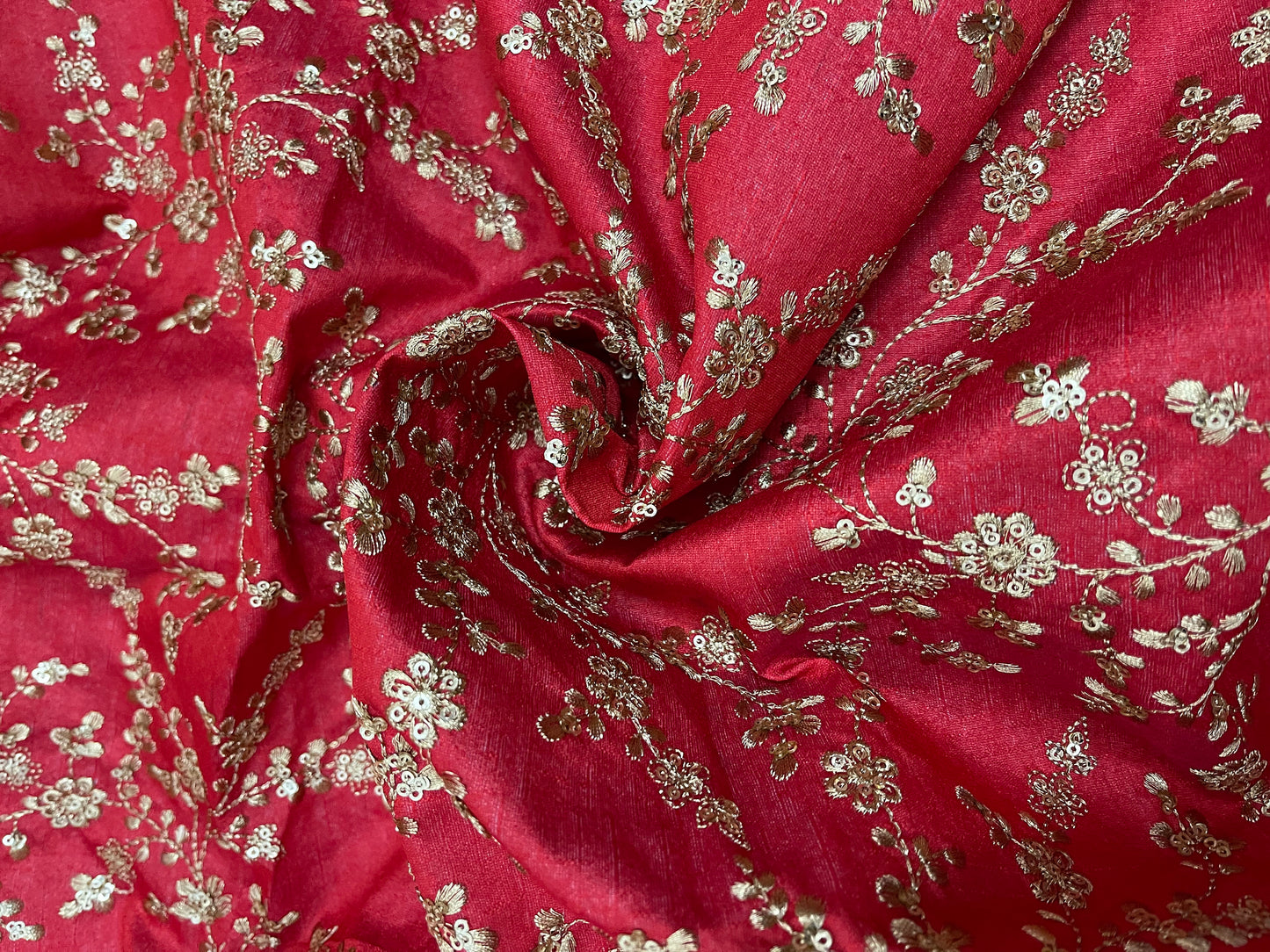 Indian Embroidered Fabric in Red & Gold color, Multiple lengths will come in the continuous piece - NF334