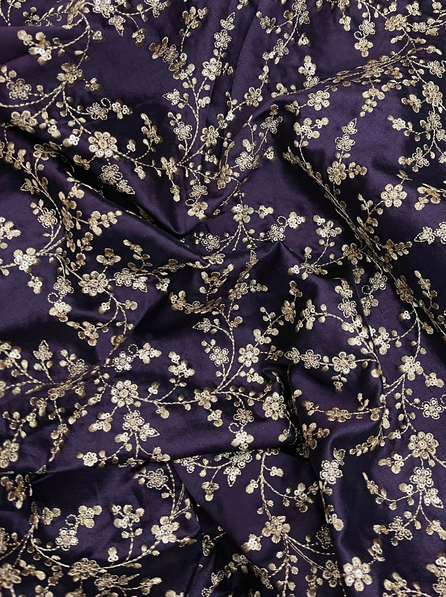 Indian Embroidered Fabric in Purple & Gold color, Multiple lengths will come in the continuous piece - NF27