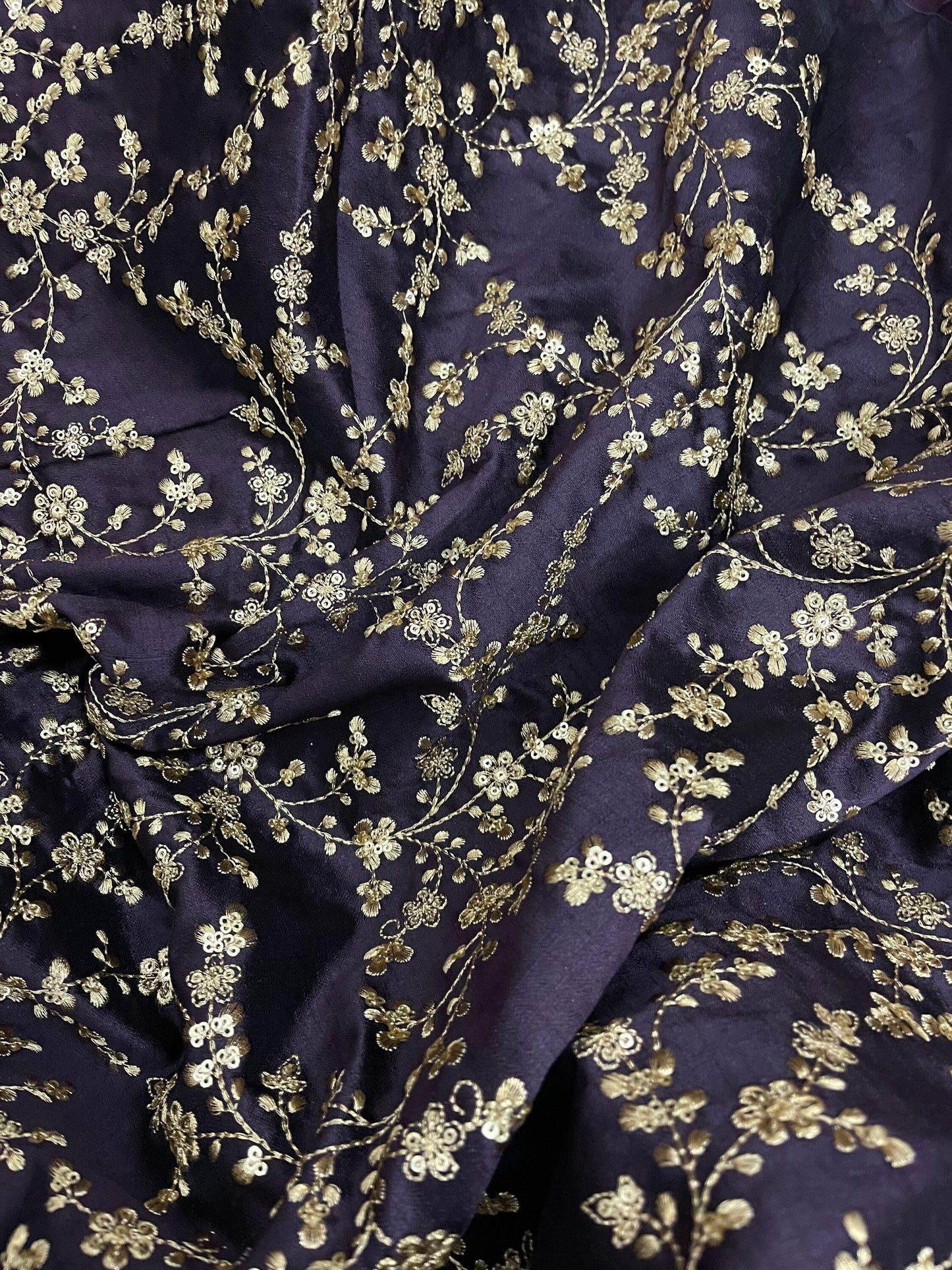 Indian Embroidered Fabric in Purple & Gold color, Multiple lengths will come in the continuous piece - NF27