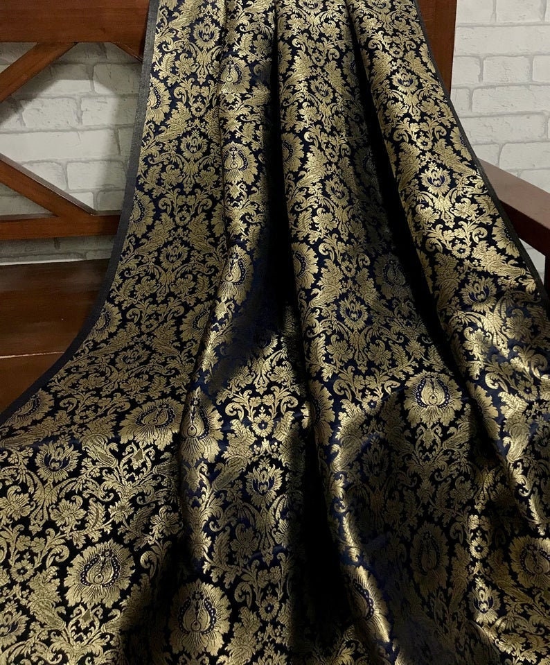 India Banarasi Brocade Fabric in Navy Blue and Gold color, Multiple lengths will come in the continuous piece - NF06