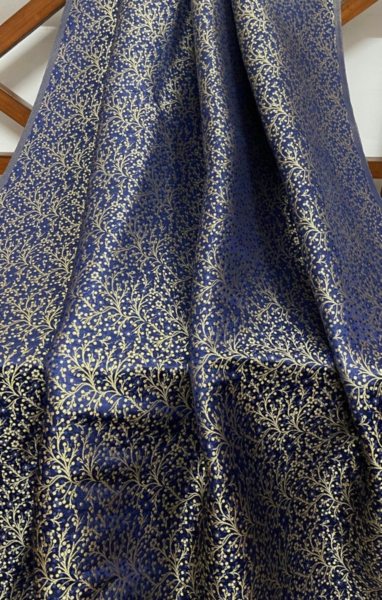 Indian Banarasi Brocade Fabric in Navy Blue and Gold color, Multiple lengths will come in the continuous piece - NF164