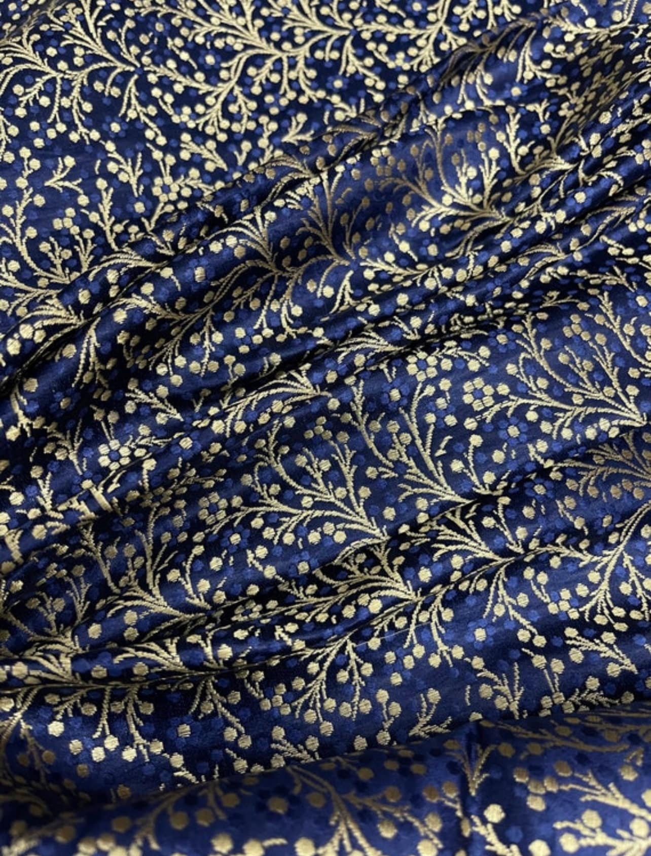 Indian Banarasi Brocade Fabric in Navy Blue and Gold color, Multiple lengths will come in the continuous piece - NF164