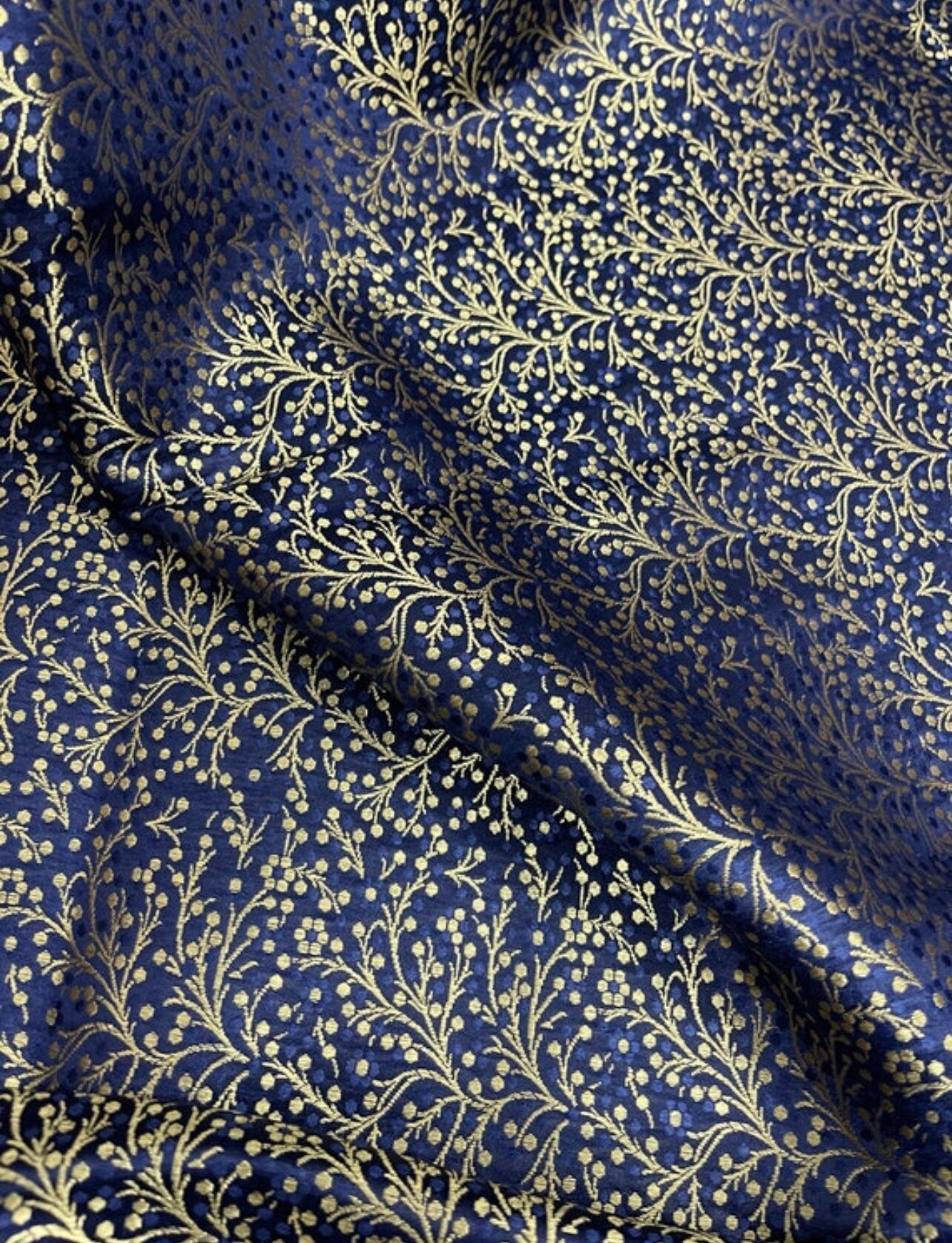 Indian Banarasi Brocade Fabric in Navy Blue and Gold color, Multiple lengths will come in the continuous piece - NF164