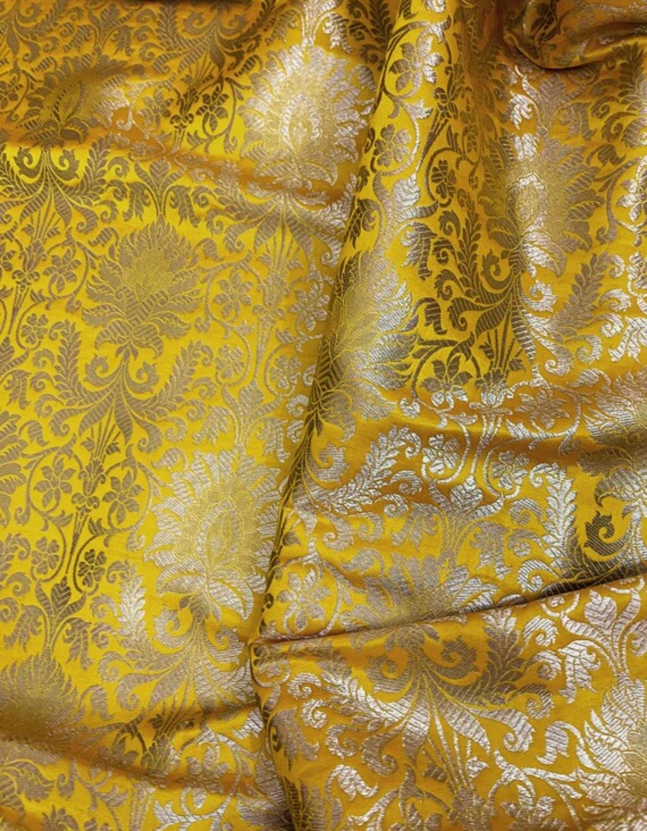 Indian Banarasi Brocade Fabric in Yellow and Gold color, Multiple lengths will come in the continuous piece - NF339