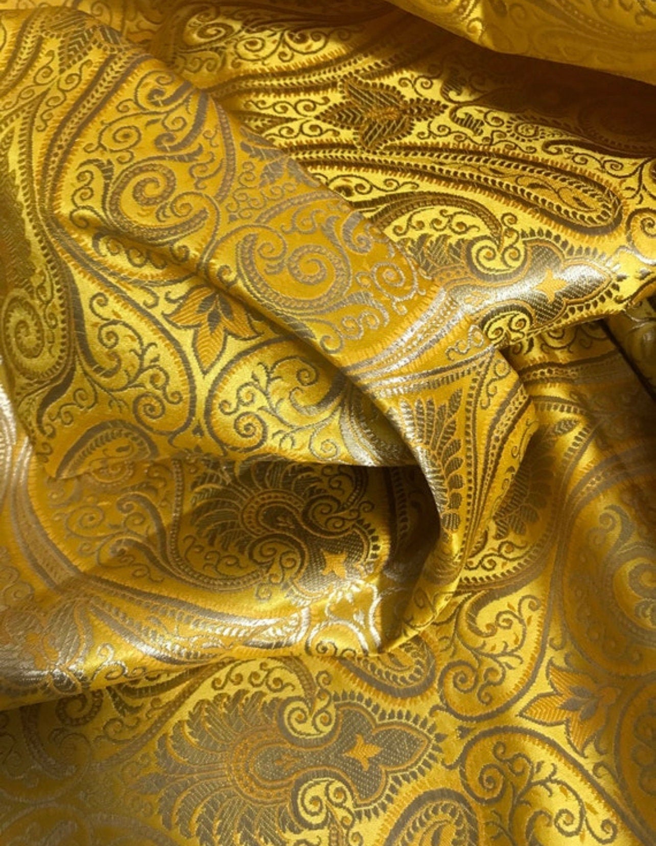 Indian Banarasi Brocade fabric in Yellow and Gold color, Multiple lengths will come in the continuous piece - NF176