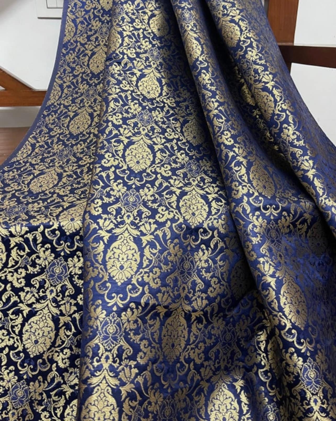 Indian Banarasi Brocade Fabric in Navy Blue and Gold color, Multiple lengths will come in the continuous piece - NF412