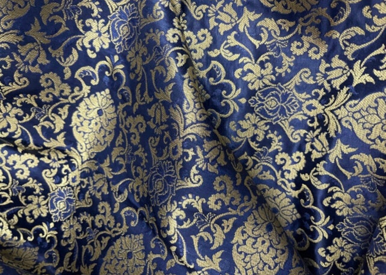 Indian Banarasi Brocade Fabric in Navy Blue and Gold color, Multiple lengths will come in the continuous piece - NF412