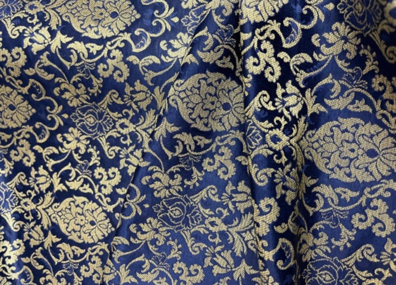 Indian Banarasi Brocade Fabric in Navy Blue and Gold color, Multiple lengths will come in the continuous piece - NF412