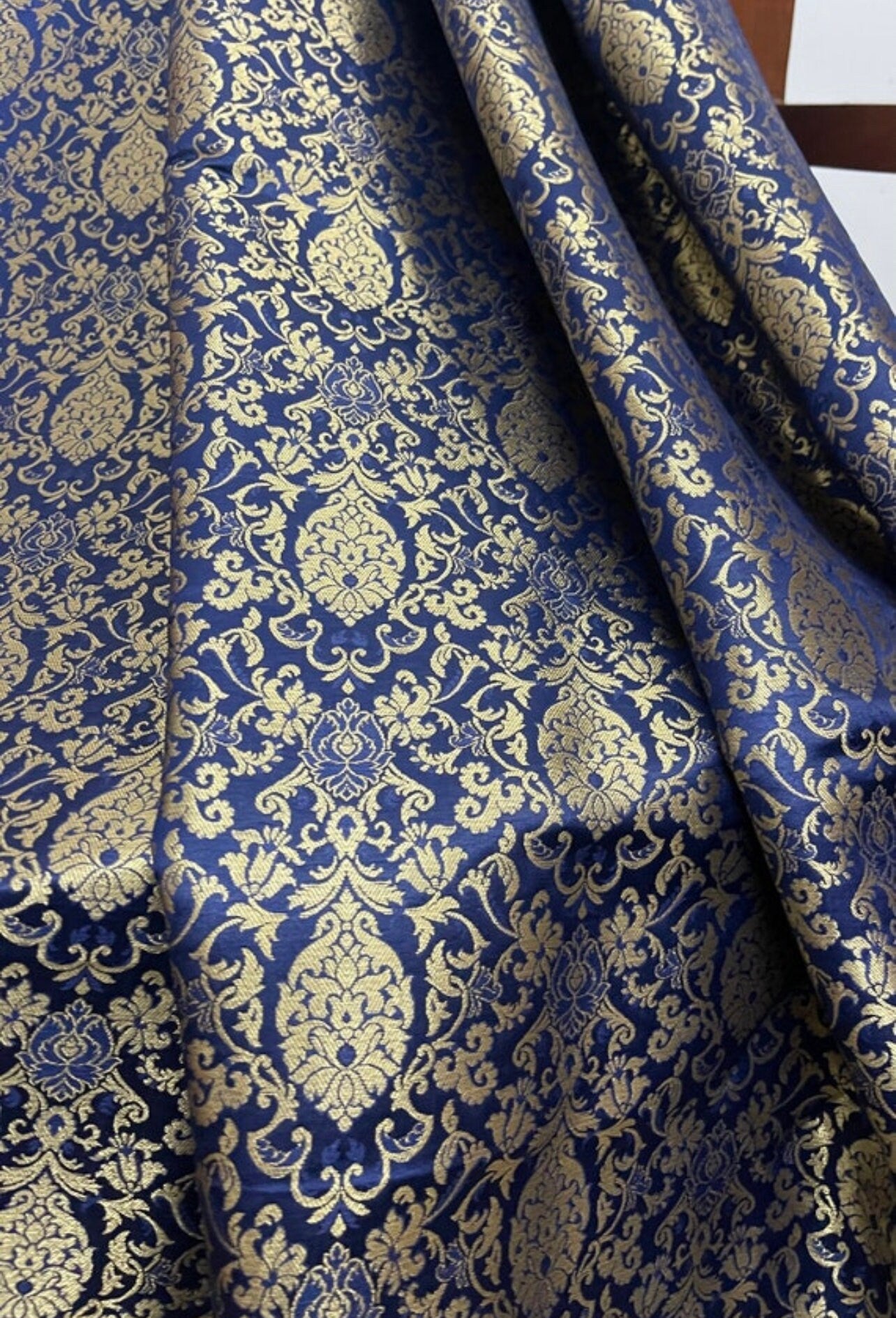 Indian Banarasi Brocade Fabric in Navy Blue and Gold color, Multiple lengths will come in the continuous piece - NF412