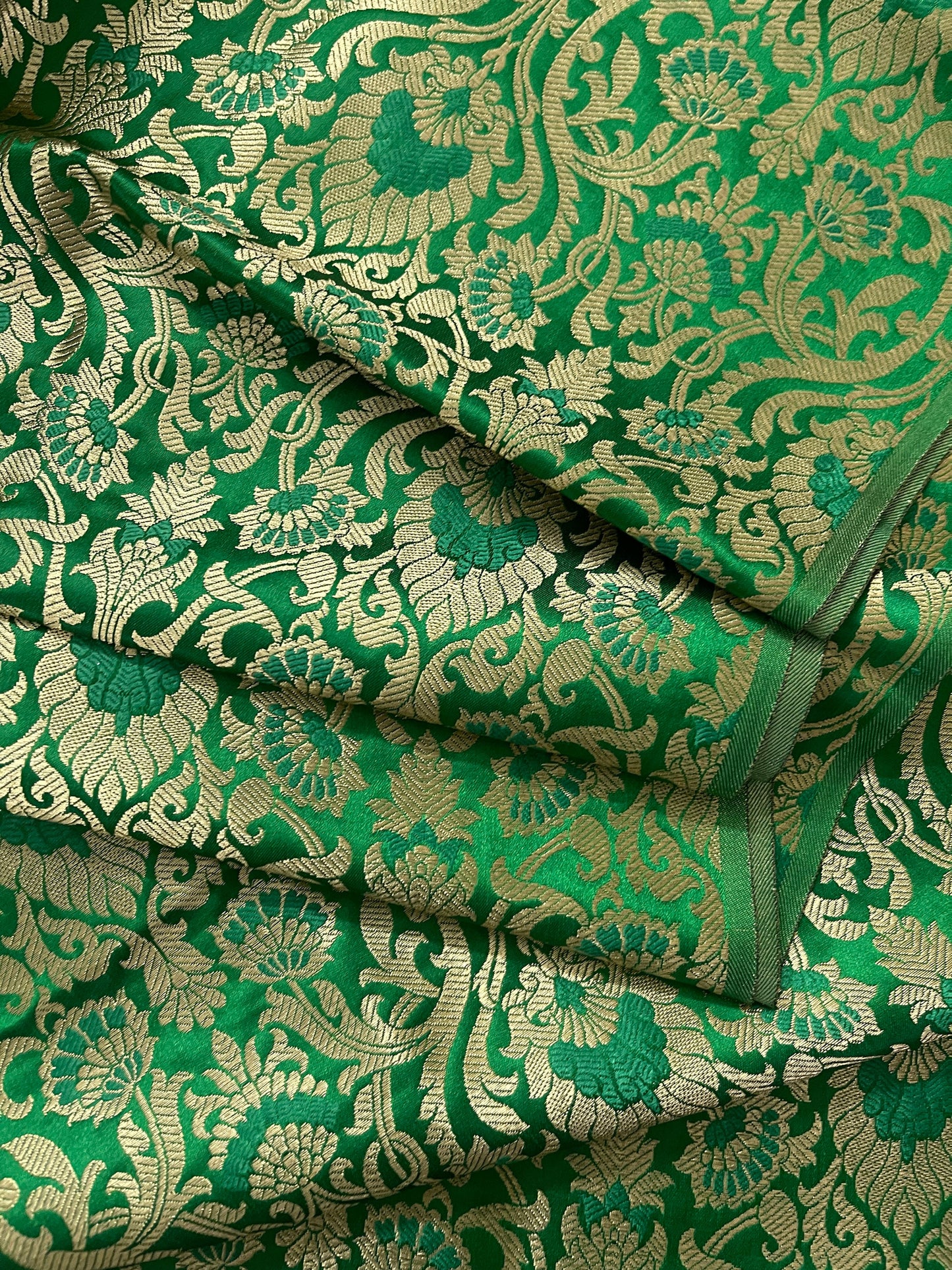 Indian Banarasi Brocade fabric in Green and Gold color,  Multiple lengths will come in a continuous piece - NF321