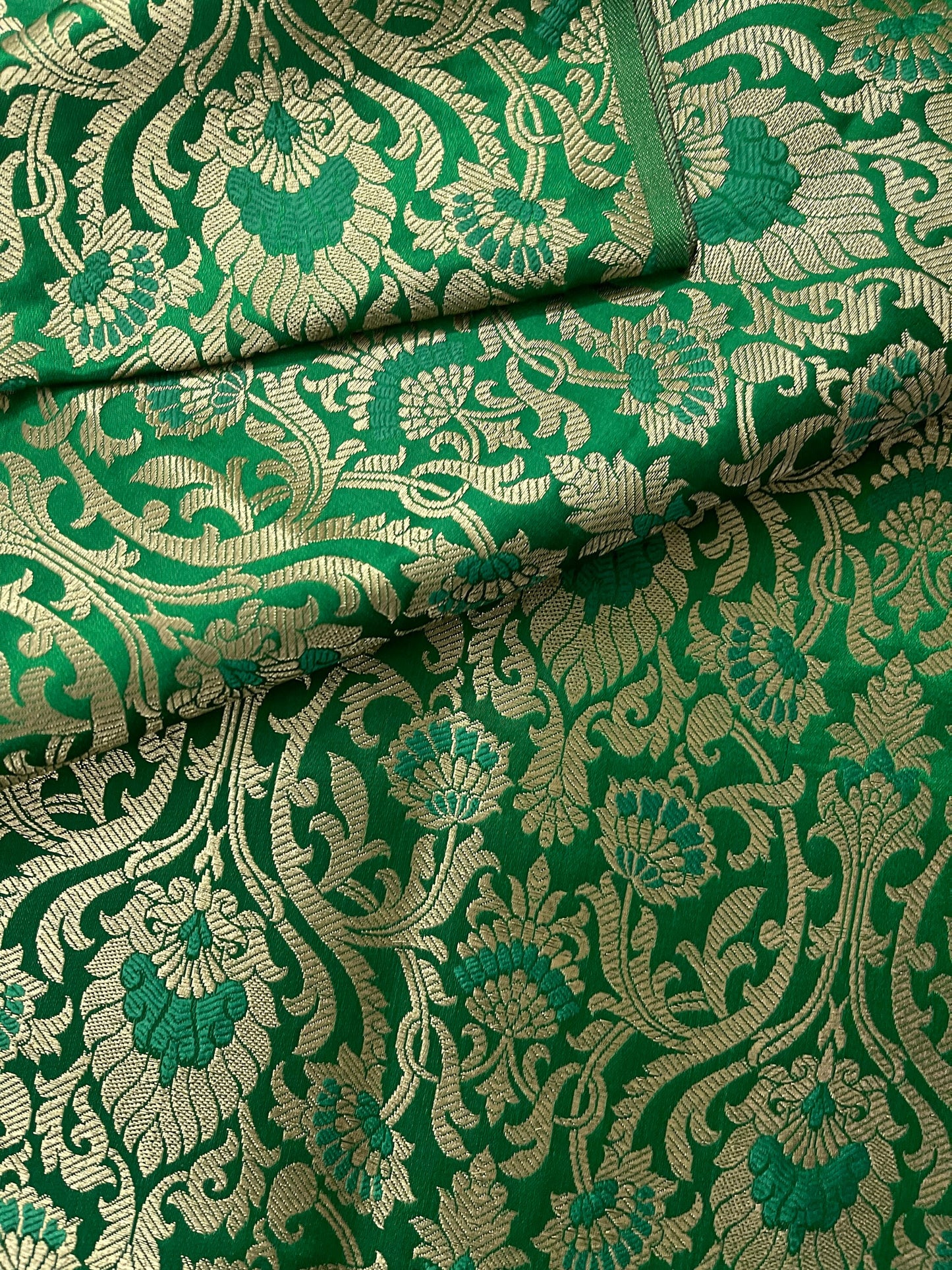 Indian Banarasi Brocade fabric in Green and Gold color,  Multiple lengths will come in a continuous piece - NF321