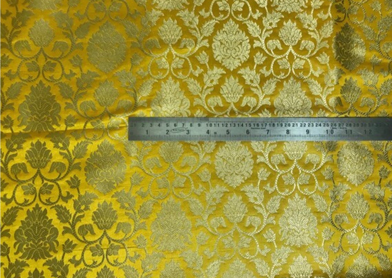 Indian Banarasi Brocade Fabric in Yellow and Gold color, Multiple lengths will come in the continuous piece - NF305