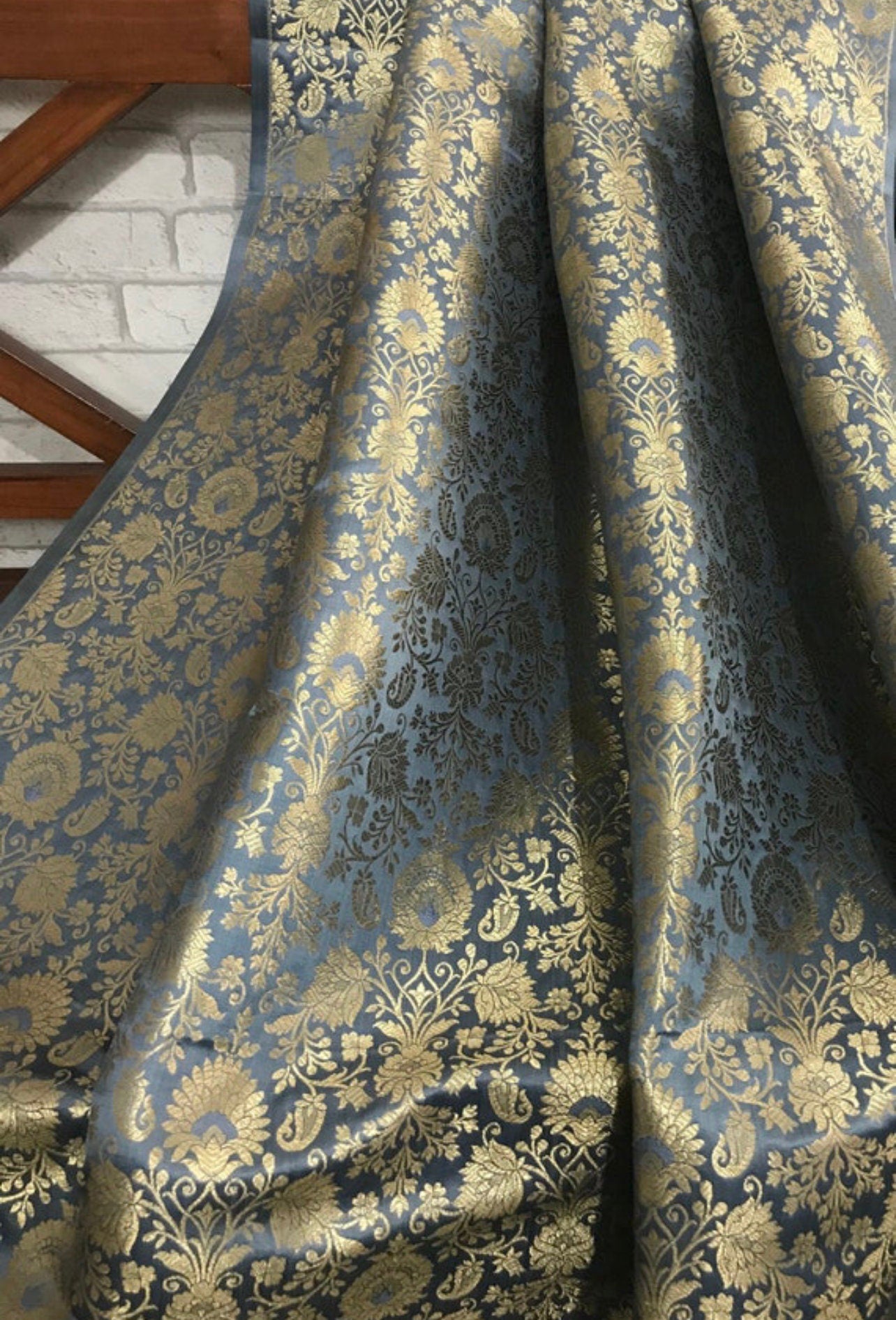 Indian Brocade Fabric in Gray and Gold color, Multiple lengths will come in the continuous piece - NF72