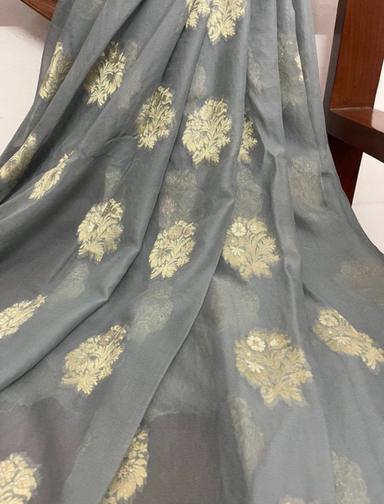 Gray Gold Georgette viscose Fabric, Sheer Floral embroidery Wedding Dress Fabric, Multiple Length will come in a continuous piece - NF54