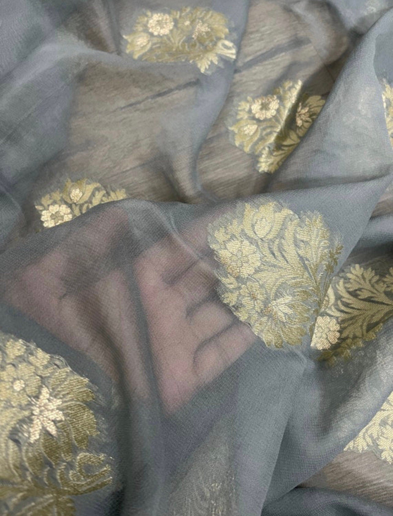 Gray Gold Georgette viscose Fabric, Sheer Floral embroidery Wedding Dress Fabric, Multiple Length will come in a continuous piece - NF54