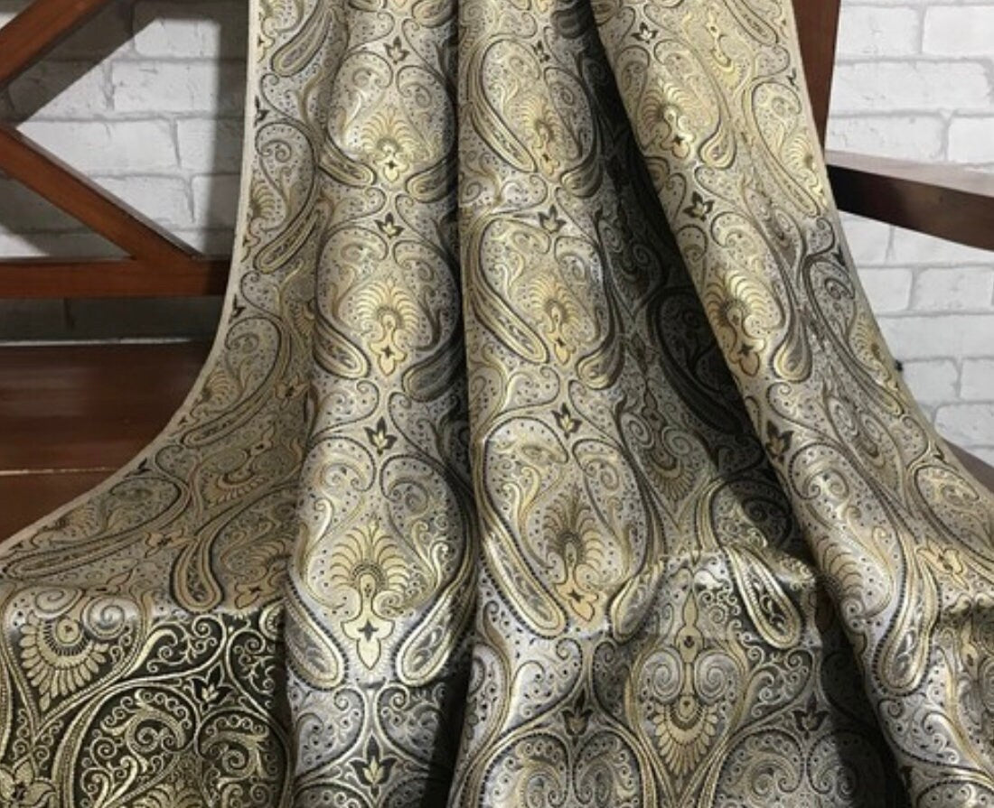 Indian Banarasi Brocade Fabric in Gray and Gold color, Multiple lengths will come in the continuous piece - NF2001