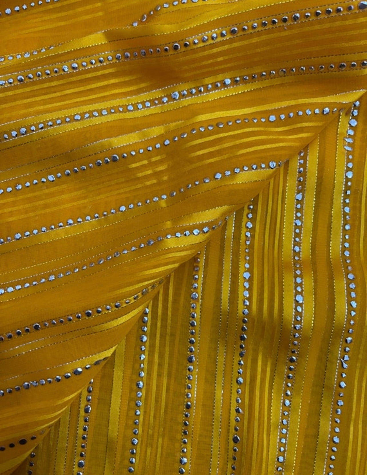 Yellow and Silver embroidered Sheer Organza Fabric, Multiple lengths will come in the continuous piece - NF529