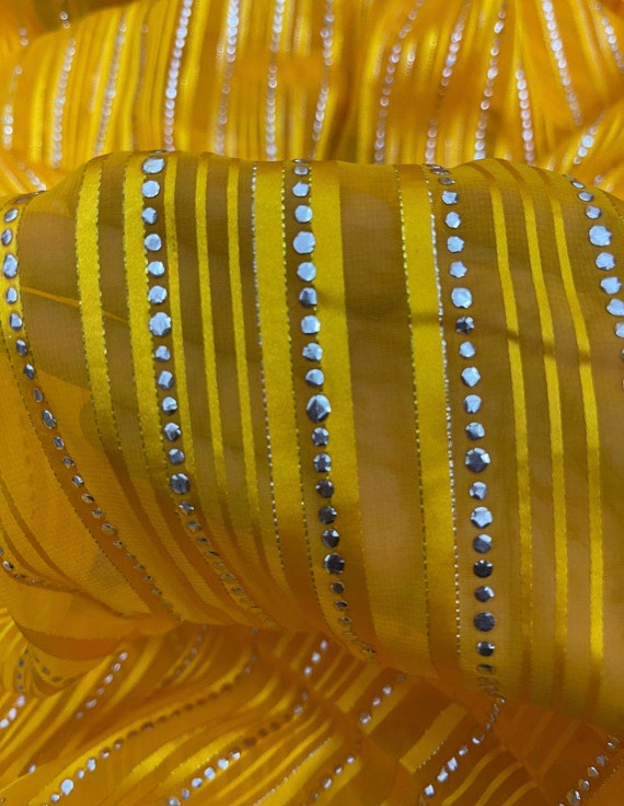 Yellow and Silver embroidered Sheer Organza Fabric, Multiple lengths will come in the continuous piece - NF529