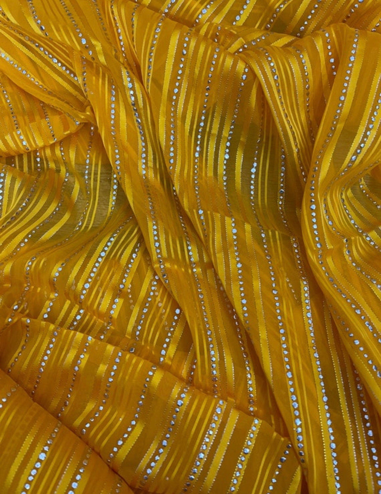 Yellow and Silver embroidered Sheer Organza Fabric, Multiple lengths will come in the continuous piece - NF529