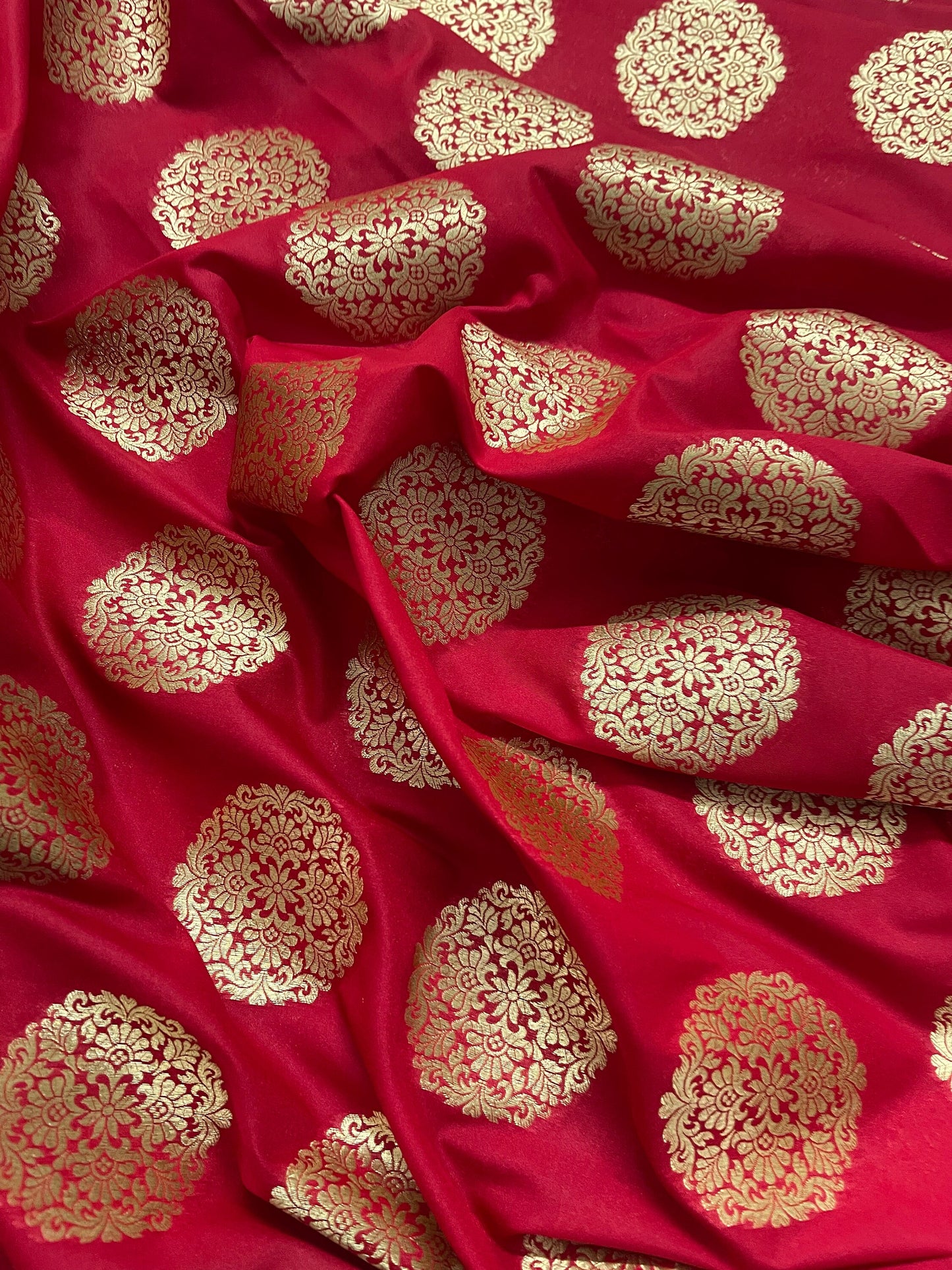 Indian Banarasi Brocade Fabric in Red and Gold color, Multiple lengths will come in the continuous piece - NF419