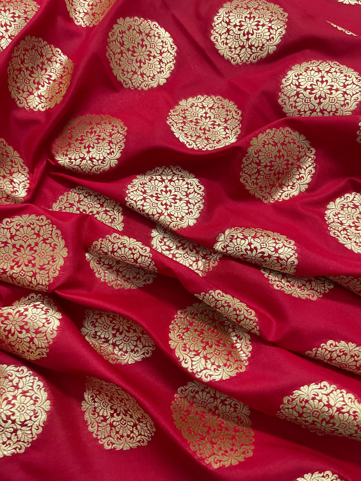 Indian Banarasi Brocade Fabric in Red and Gold color, Multiple lengths will come in the continuous piece - NF419