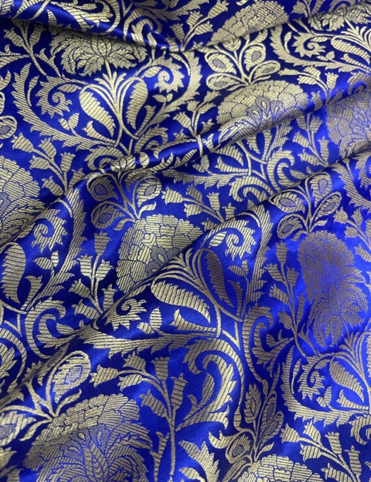 Indian Banarasi Brocade Fabric in Blue and Gold color, Multiple lengths will come in the continuous piece - NF535