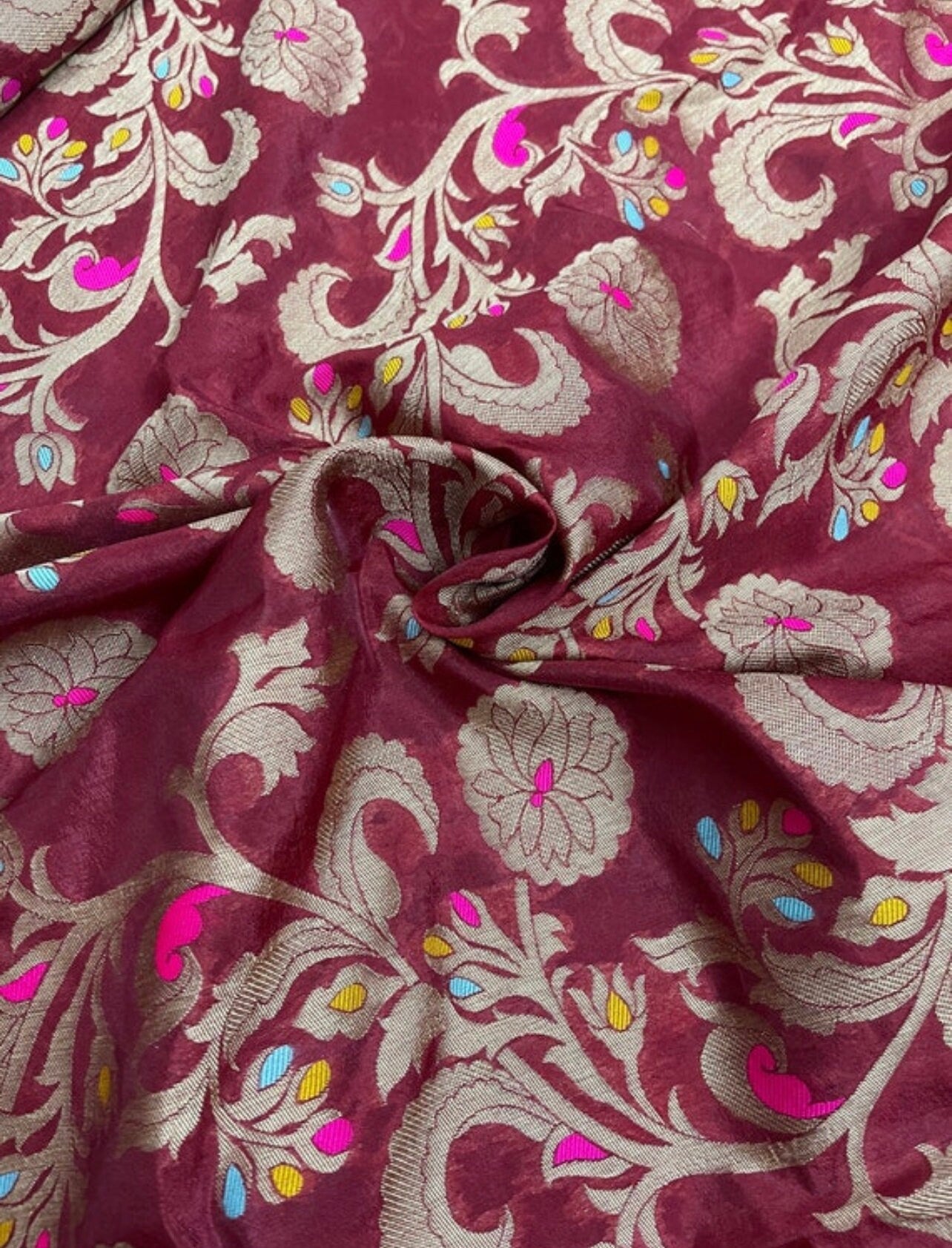 Indian Banarasi Brocade Fabric in Maroon Burgundy and Gold color, Multiple lengths will come in the continuous piece - NF411