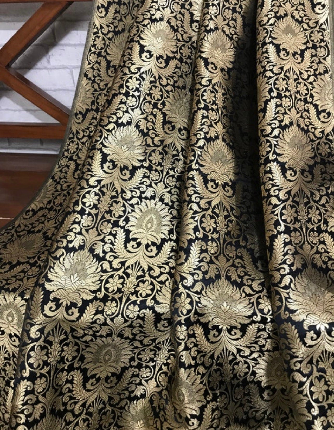 Indian Banarasi Brocade fabric in Black and Gold color, Multiple lengths will come in the Continuous piece - NF134