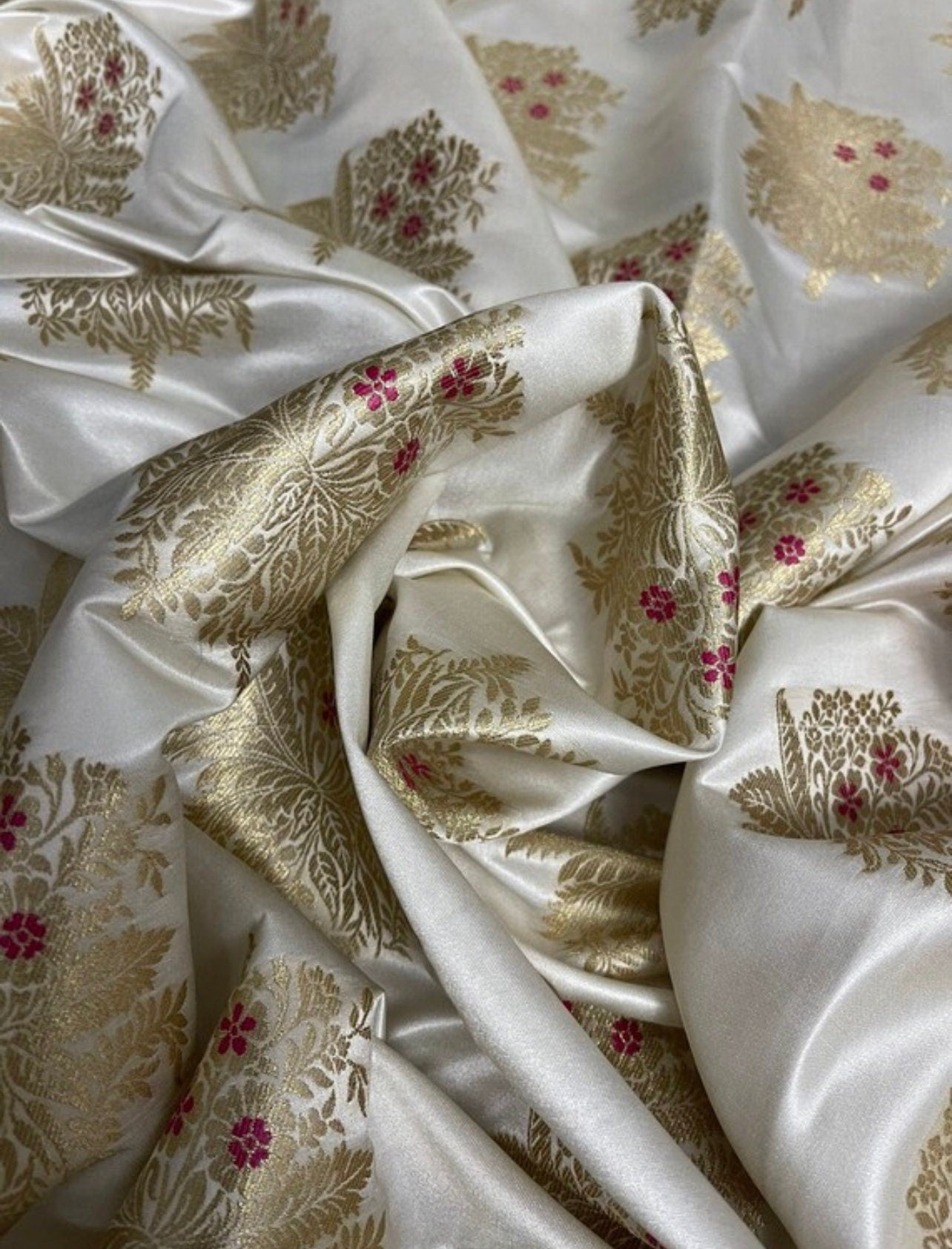 Indian Banarasi Brocade Fabric in Off White and Gold color, Multiple lengths will come in the continuous piece - NF349