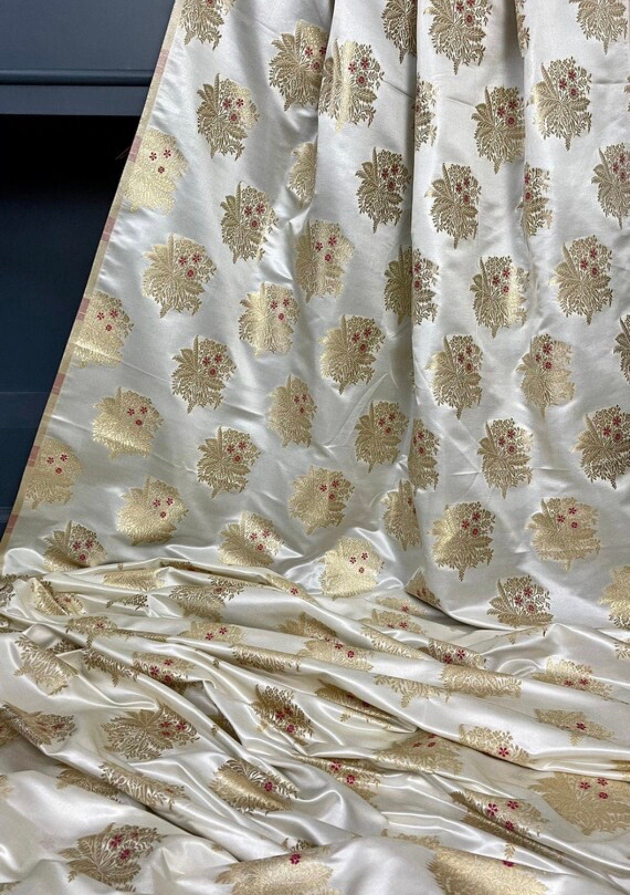 Indian Banarasi Brocade Fabric in Off White and Gold color, Multiple lengths will come in the continuous piece - NF349