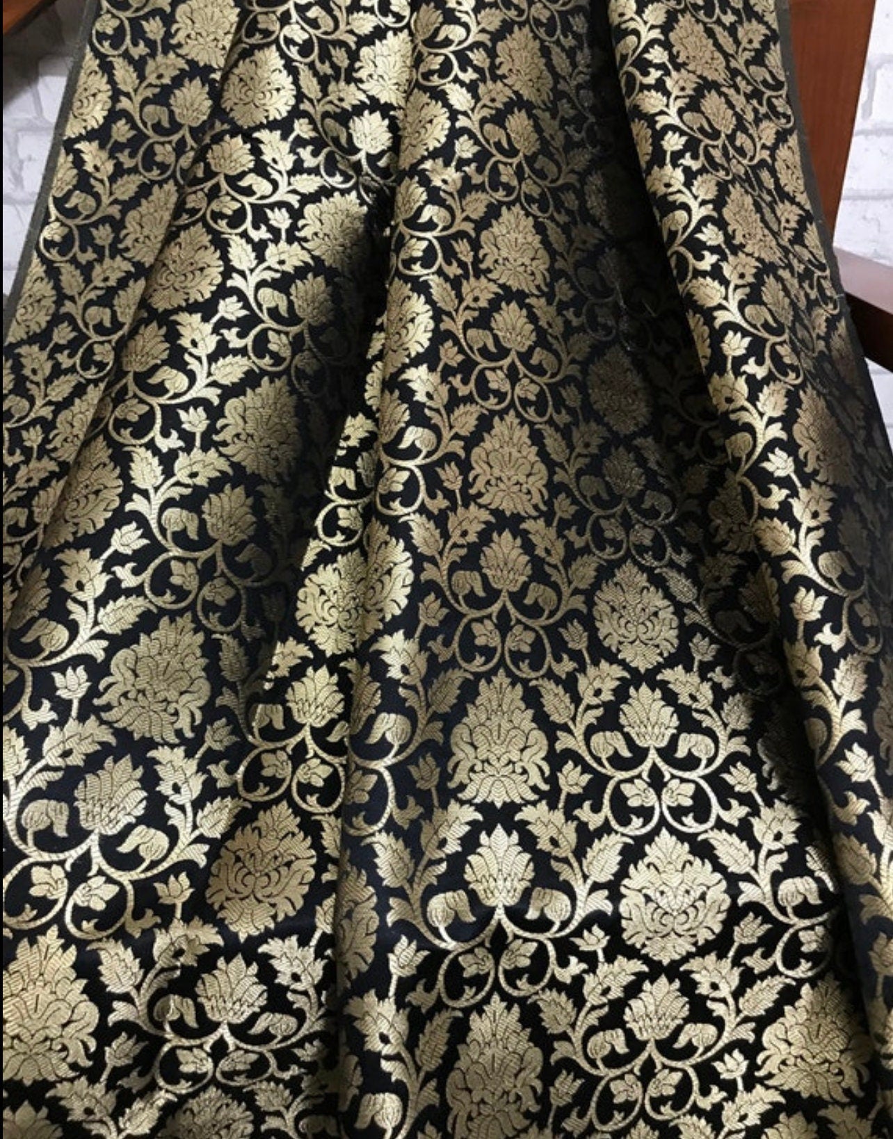 Indian Banarasi Brocade fabric in Black and Gold color, Multiple lengths will come in the continuous piece - NF642