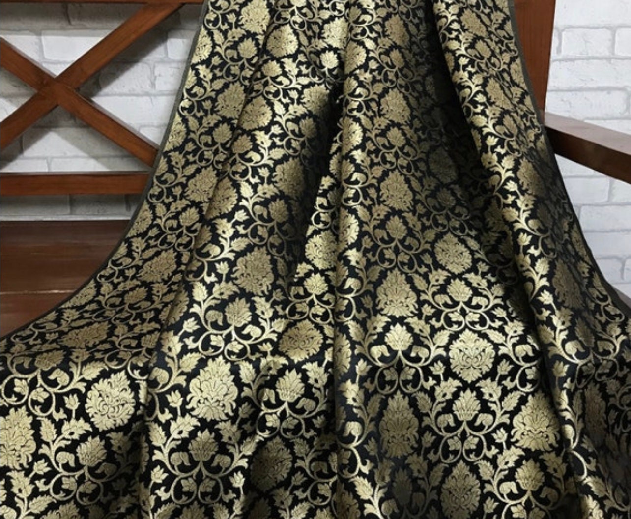 Indian Banarasi Brocade fabric in Black and Gold color, Multiple lengths will come in the continuous piece - NF642