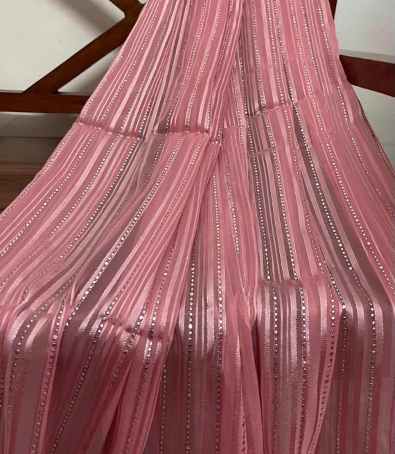 viscose organza Sheer embroidery Fabric in Pink and Silver color, Multiple lengths will come in the continuous piece - NF54B