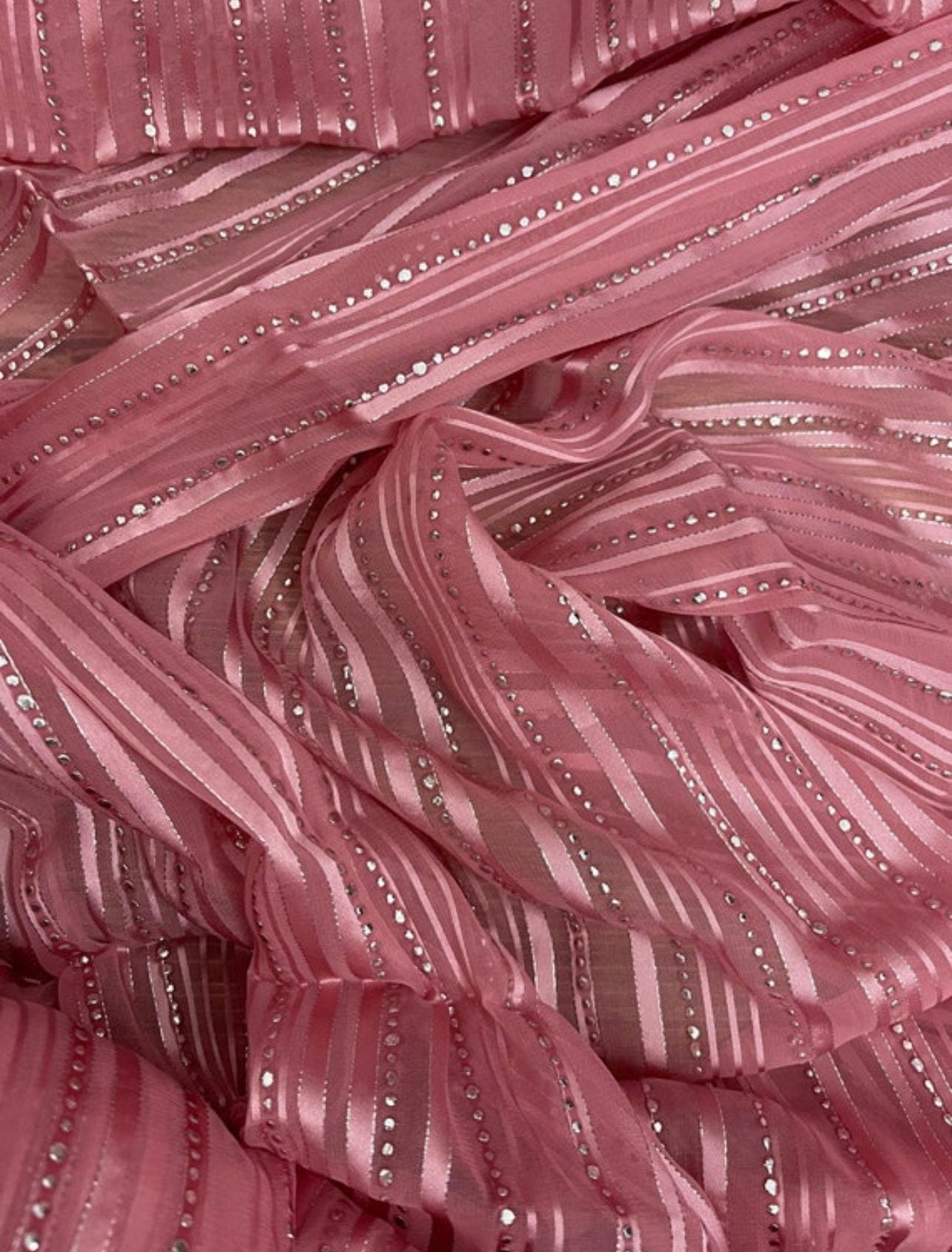 viscose organza Sheer embroidery Fabric in Pink and Silver color, Multiple lengths will come in the continuous piece - NF54B