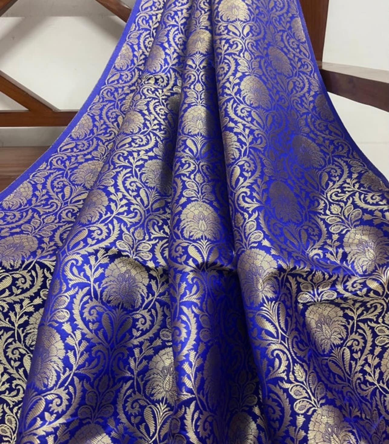 Indian Banarasi Brocade Fabric in Blue and Gold color, Multiple lengths will come in the continuous piece - NF535